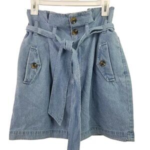 Womens Halifax Wash Blue Denim Paperbag Mini Skirt High Rise Belted Cotton 6